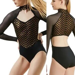 WEISSMAN Balera Dance costume Long Sleeve Chevron cutout Leotard gold MT10757 LC